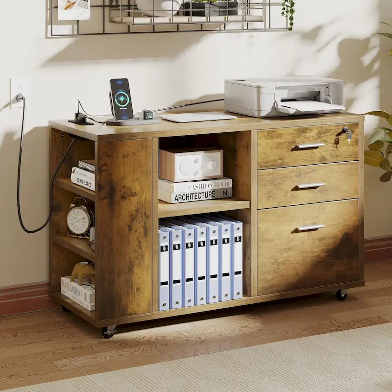 Brown Mobile Wood Lateral File Cabinet with Charging Station & Lock