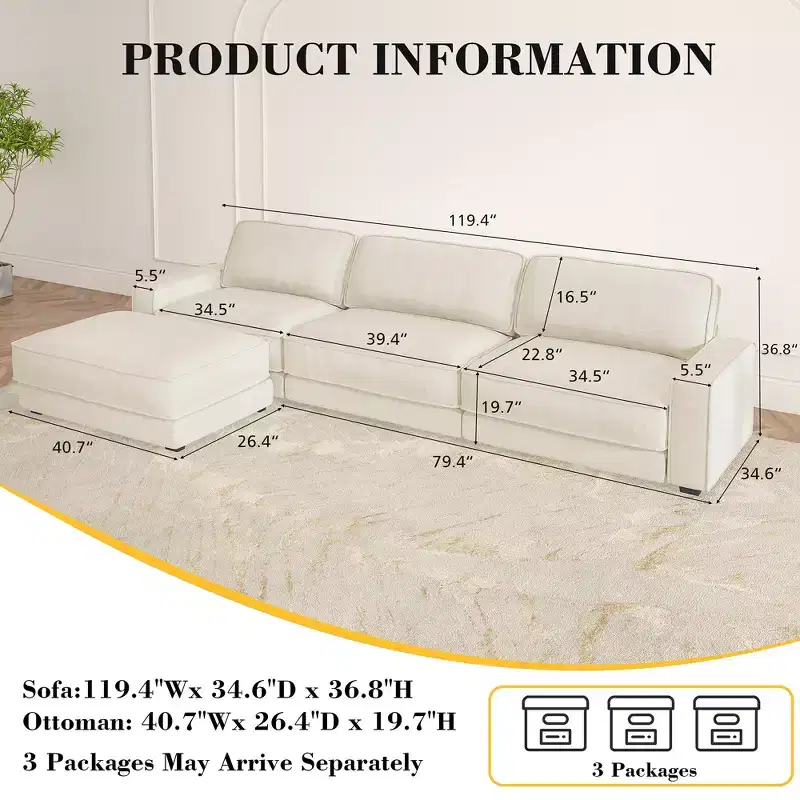Dyonery 120 L-Shaped Modular Sectional Sofa,Oversized Cloud Couch with Movable Ottoman,4-Seat Chenille Deep Seat Sofa with Pillow,Sectional Couches