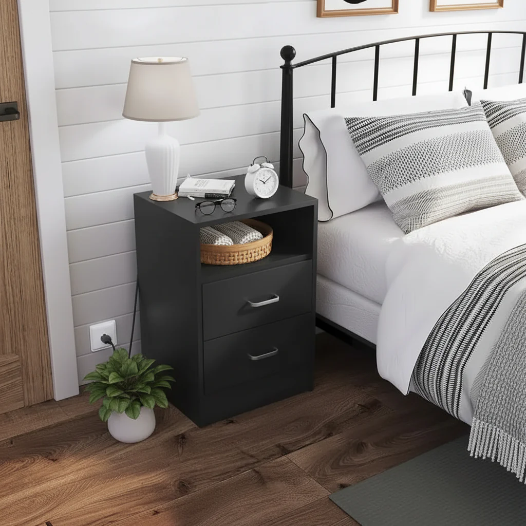 Nightstand 3 Drawers USB Charging Station 2 Outlets Open Shelf MDF Black 15.8W