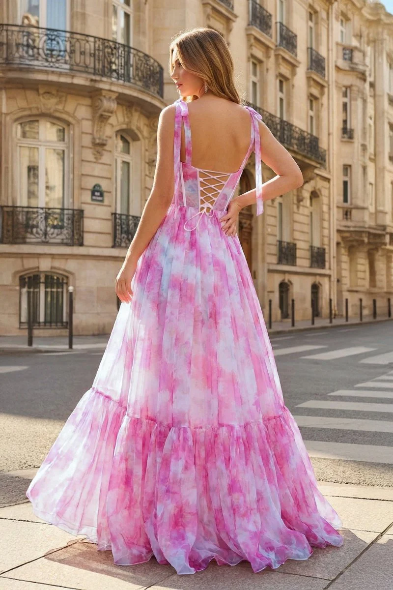 Pink Floral Print Corset A-Line Long Prom Dress with Bow Tie Straps