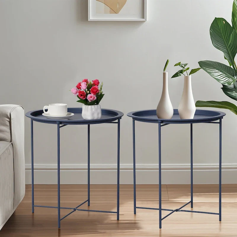 Folding Round TV Tray Tables, Small Round Steel Side Table, No Assembly Required - 18.5 x 18.5 x 19.7 in