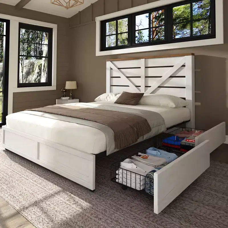 AMERLIFE Farmhouse Bed Frame with 4 Drawers and Headboard