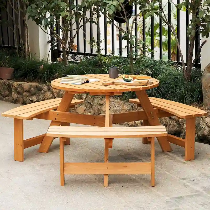 6 Person Outdoor Wood Picnic Set,Dining Table w/Benches,Umbrella Hole - 66.92D x 66.92W x 27.55H(L x W x H)