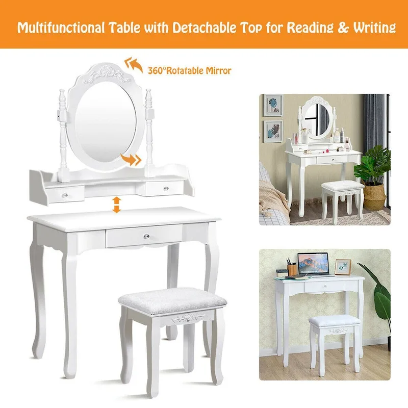Costway White Vanity Wood Makeup Dressing Table Stool 3 Drawer