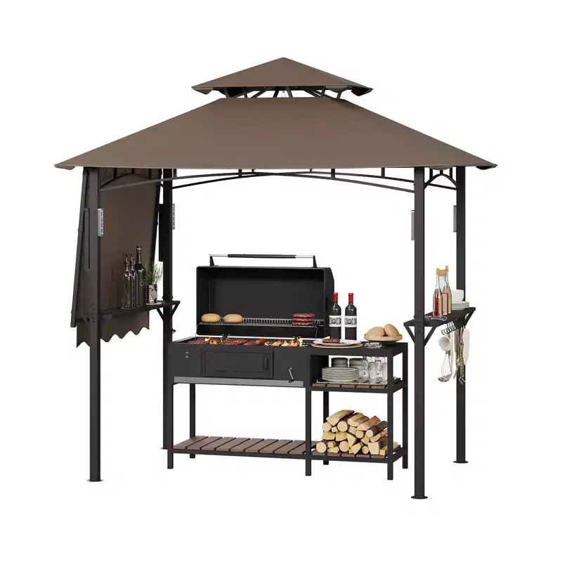 Grill Gazebo with Side Awning, Double-Tier BBQ Canopy with 2 Side Shelves, 10 Hooks & Bottle Opener, for Patio, Backyard, Garden, Deck