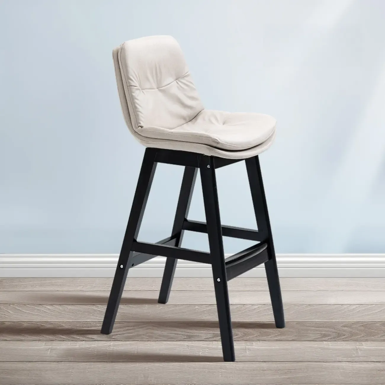 Scandinavian Wood Frame Leather Ergonomic Bucket Bar Stool