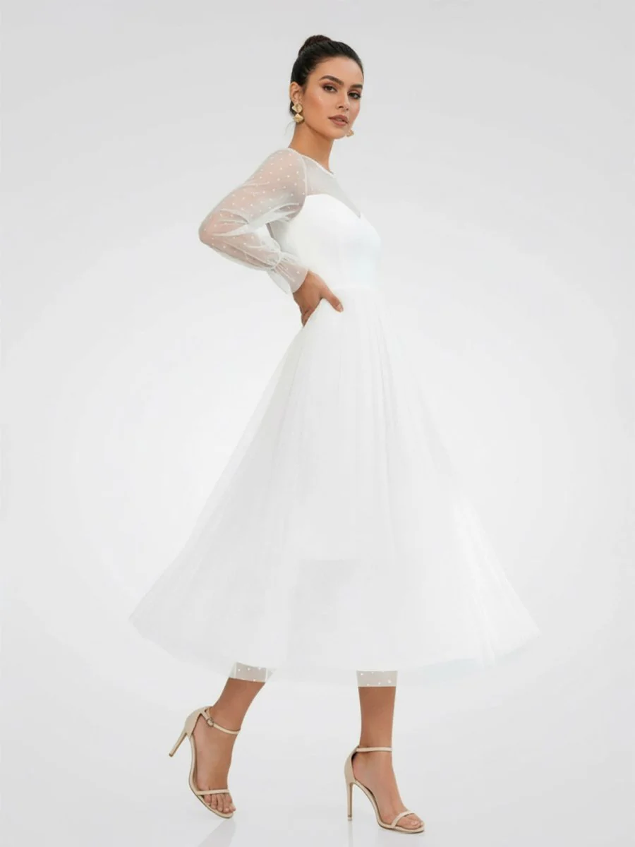 Elegant A-Line Long Sleeve Tea Length Wedding Dresses