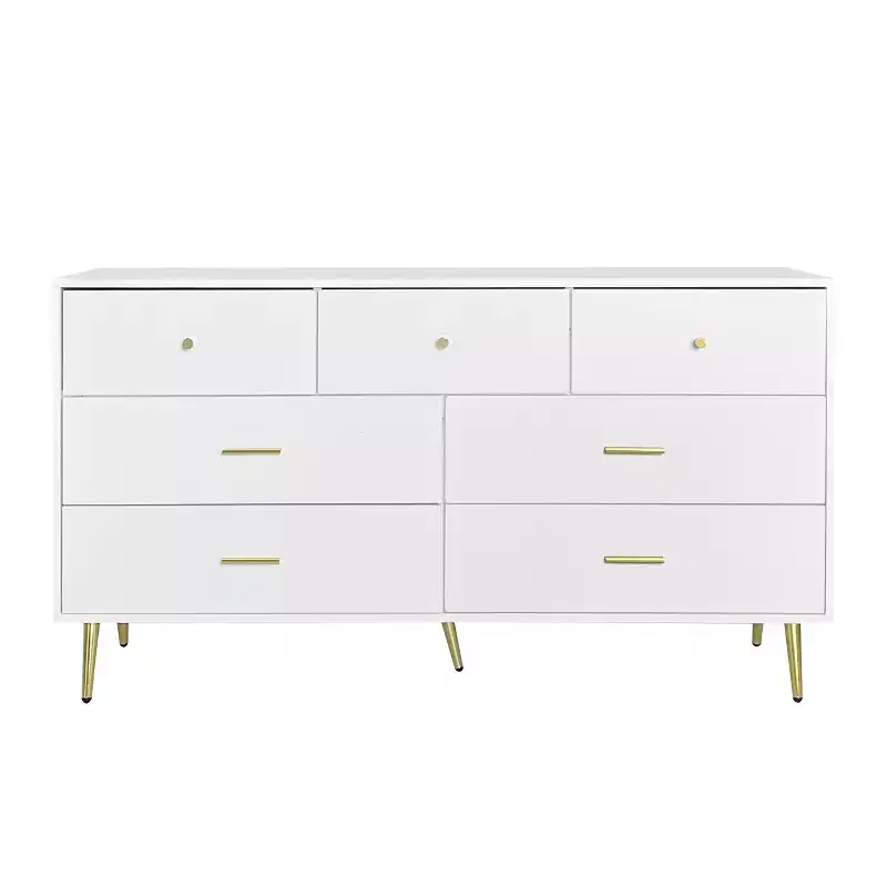 Seven Drawers Large Chest Of Drawers Cabinet With Golden Handle And Golden Legs White