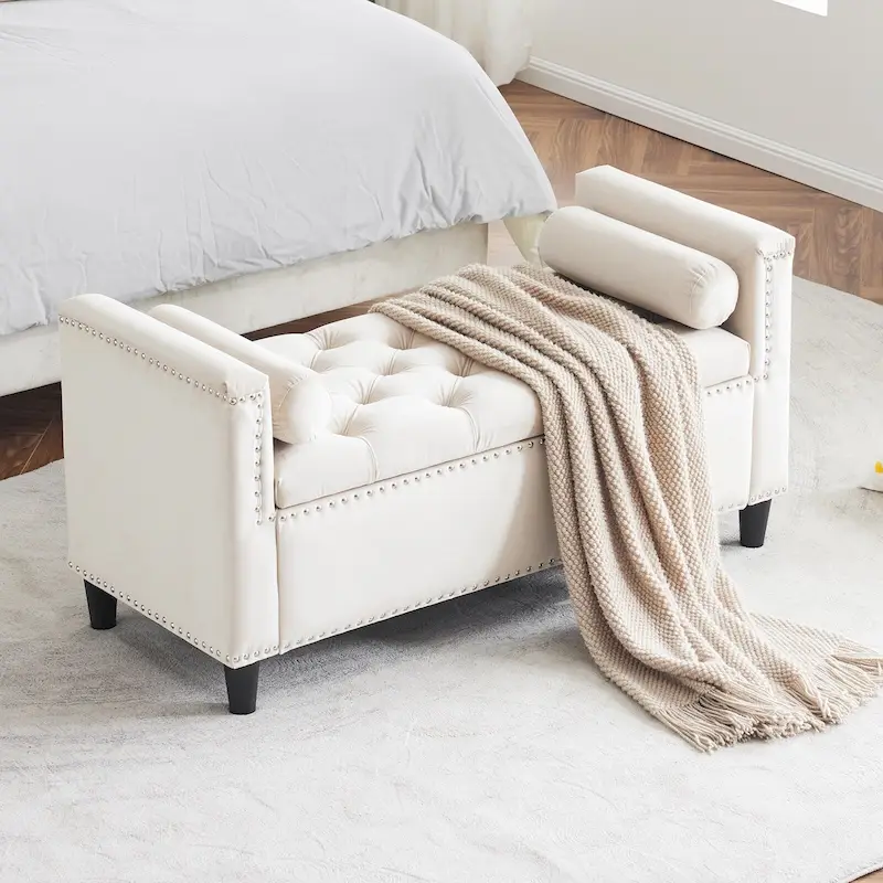 Velvet Tufted Storage Bench with Arms & Nailhead Trim — Cream White / Black / Grey, Seats 3