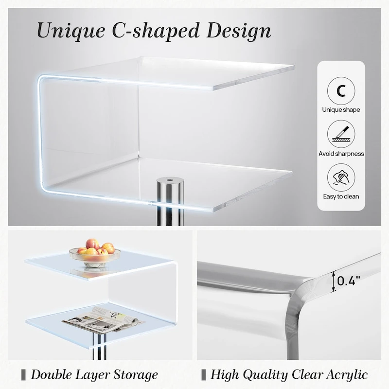 Modern Acrylic Clear Side Table C-shaped End Table - 23.6H x 15.8W x 15.8L