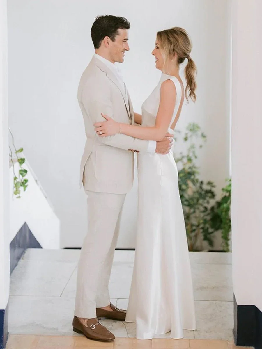 Sheath High Bateau Neck Backless Silk Satin Wedding Dress