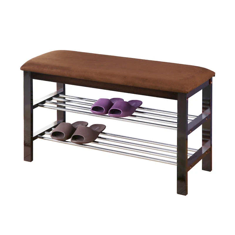 Dark Espresso Wood Shoe Bench with Chocolate Microfiber Seat