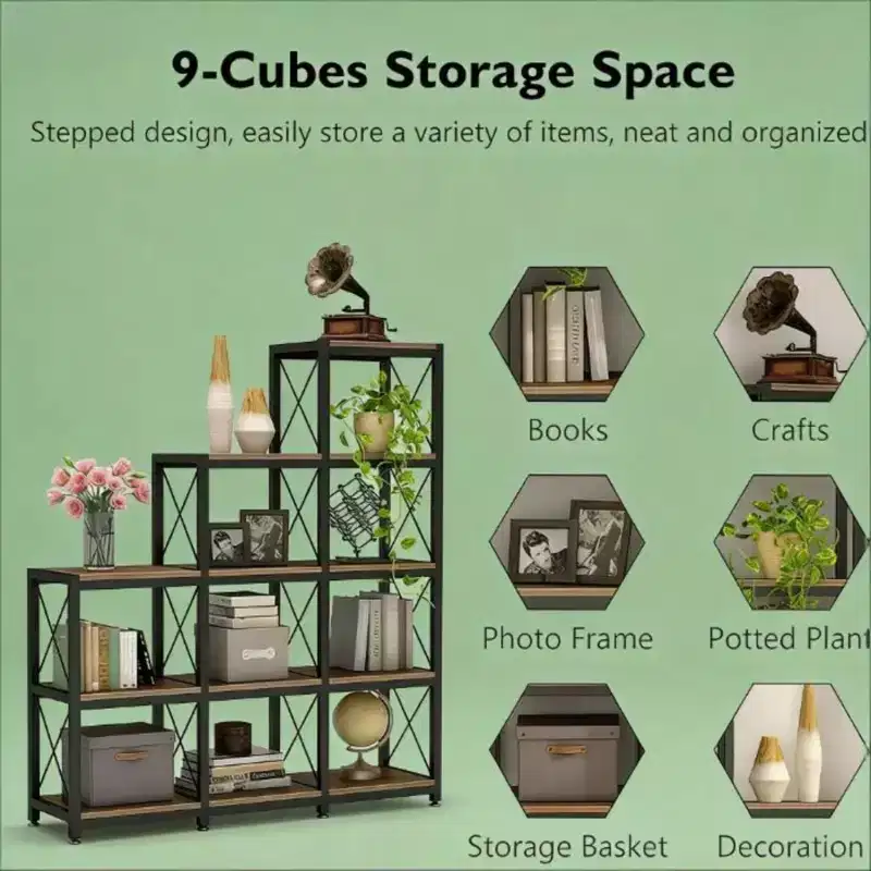 NAYSAYE Corner Ladder Bookshelf 9 Cube L Shaped Etagere Metal Wood Display Shelf for Living Room Office, Black, 45.31*11.82*52.01