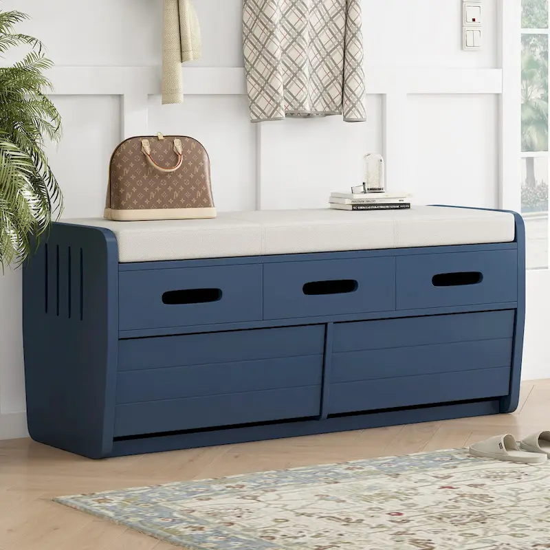 Storage Bench with 2 Drawers – Espresso / Natural Wood / White / Navy, 2-Person