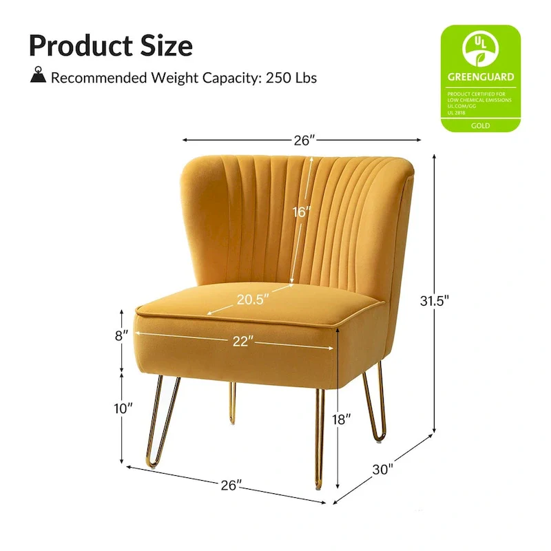 Velvet Tufted Accent Chair with Golden Metal Legs - Channel Back Design, High-Density Foam, 250 lbs Capacity, 26W x 30D x 31.5H