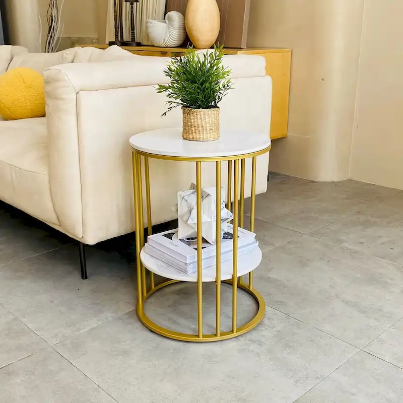 Round Sintered Stone Side Table - Gold Frame - 2 Tier