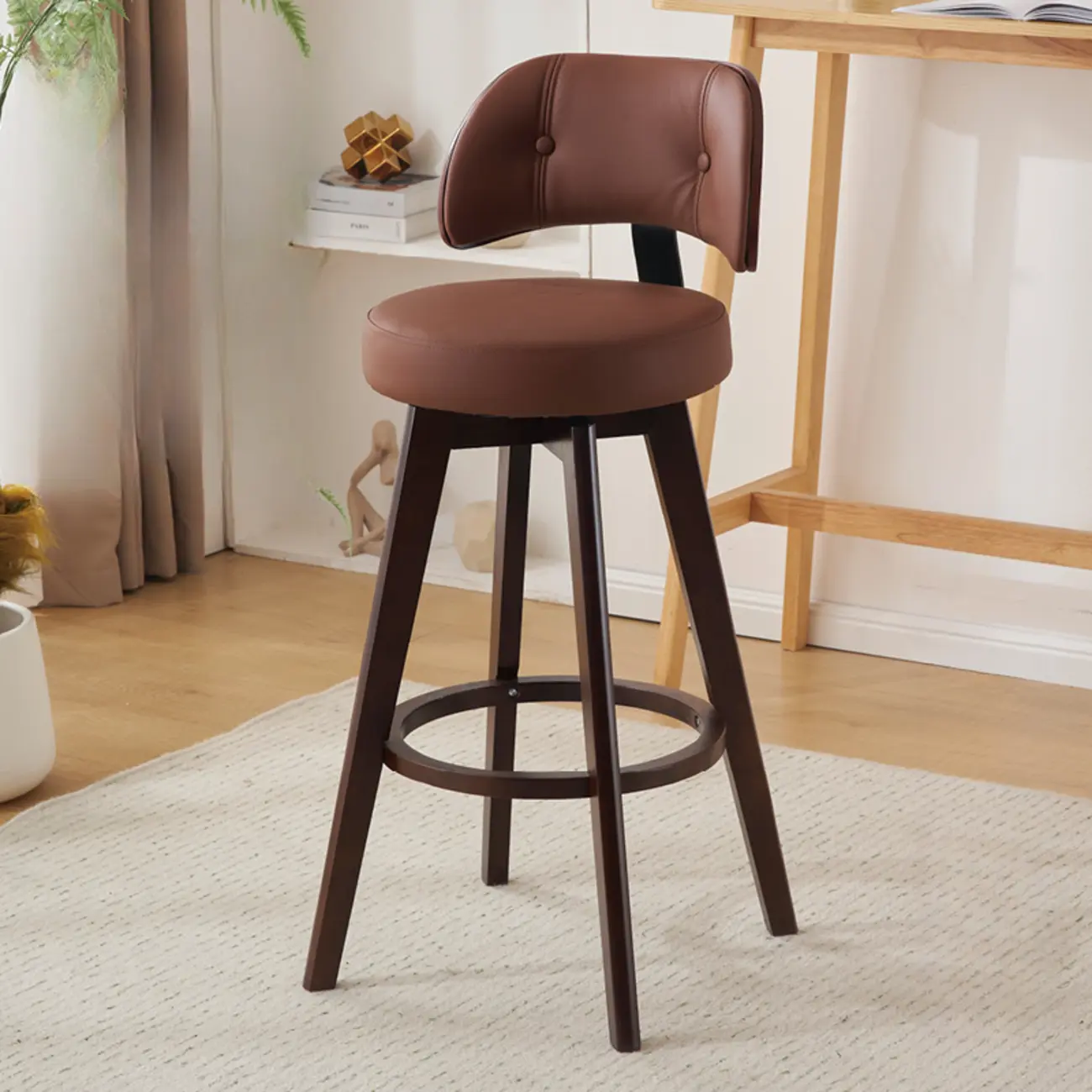 Natural Wood Round Leather Swivel Bar Stools
