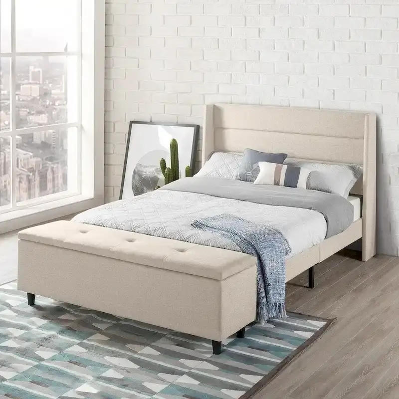 Upholstered Platform Bed with Storage Ottoman