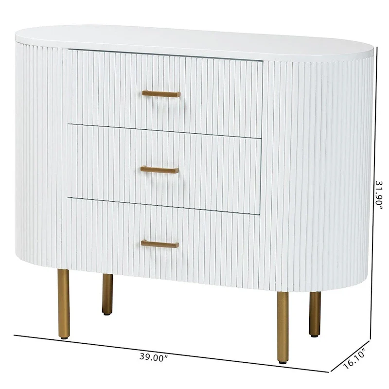 Mid-Century 3-Drawer Dresser | White Fluted Wood & Gold Metal Legs | 39