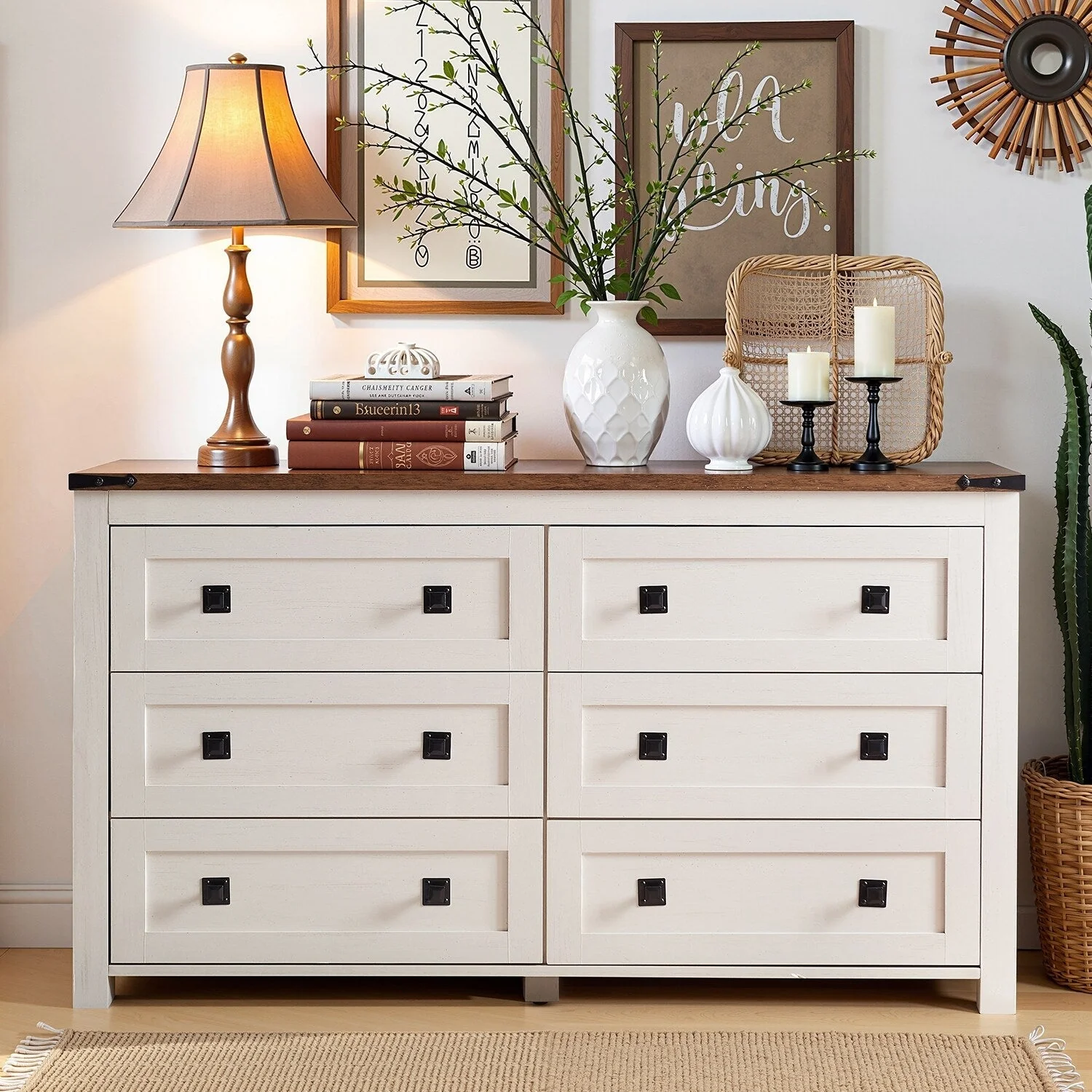 Farmhouse 6 Drawer Dresser, Wood TV Stand, Chest of Drawers