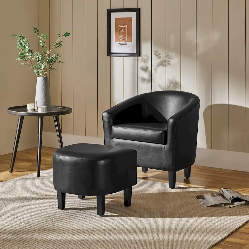 Accent Chair Faux Leather Club Chair and Ottoman Set