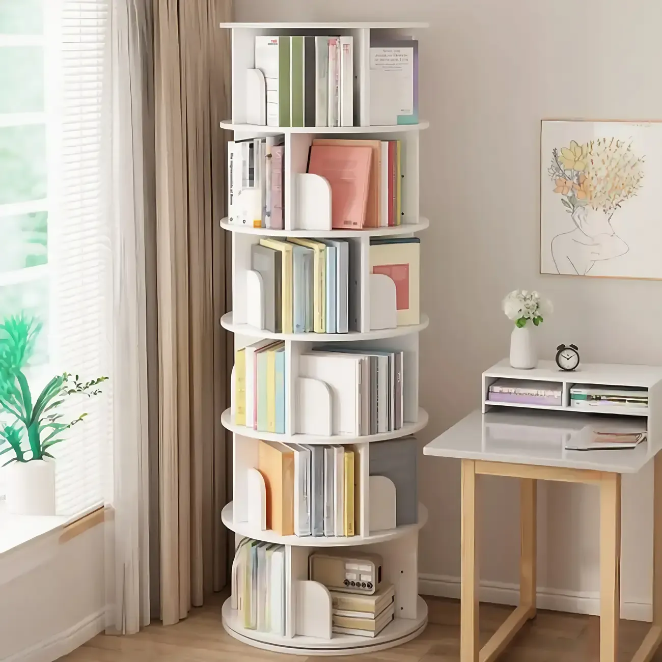 Brown Cylindrical Wooden Rotating Open-Back Bookcase