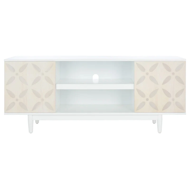 White Washed Media Stand, Patterned 3-Shelf Style