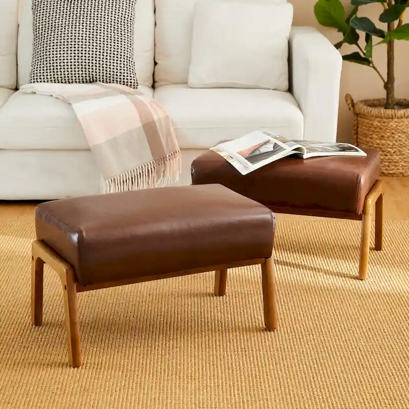 Brown Mid-Century Faux Leather Ottoman Accent Stool, Set of 2