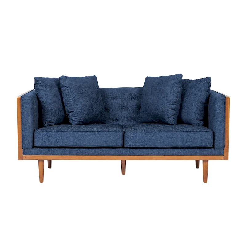 Navy Blue / Dark Beige / Charcoal Tufted Fabric Loveseat with Accent Pillows, 2-Seat