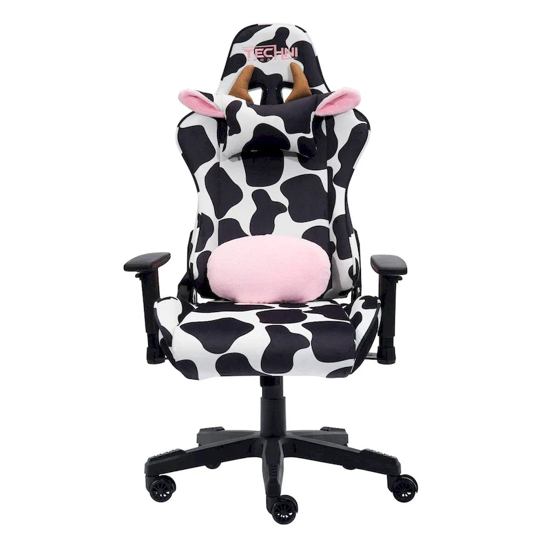 Black / Pink Cow Print Adjustable Gaming Chair, Single Seat