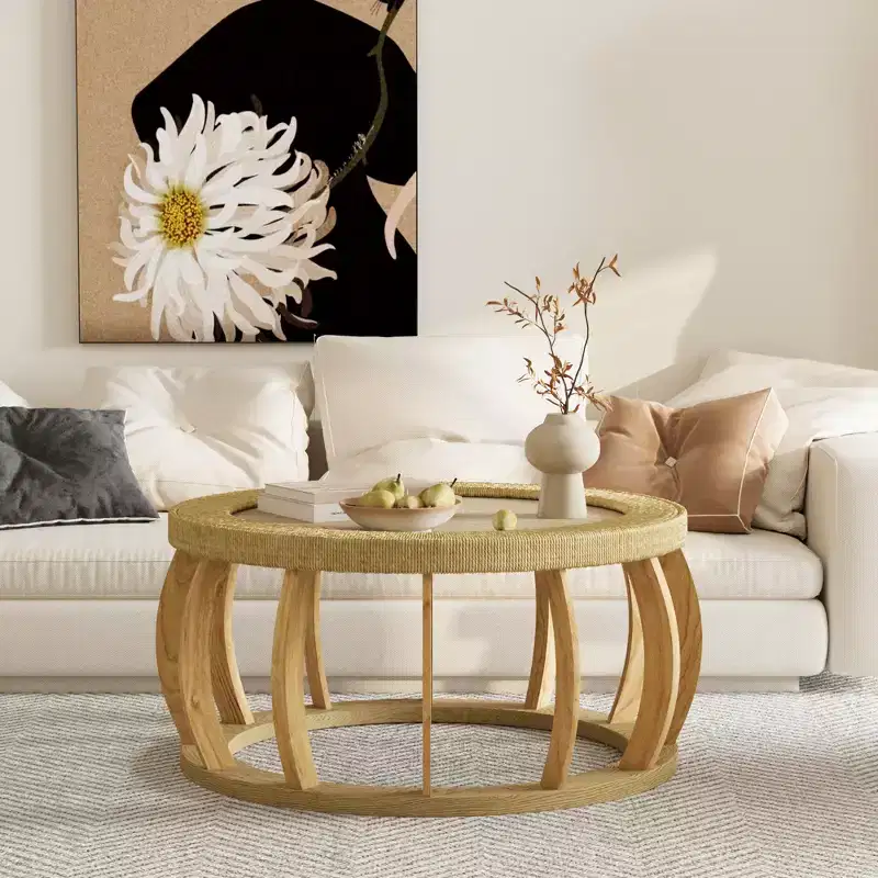 GDFStudio Olumide Bohemian Wooden Round Coffee Table with Curved Legs and Rattan Design