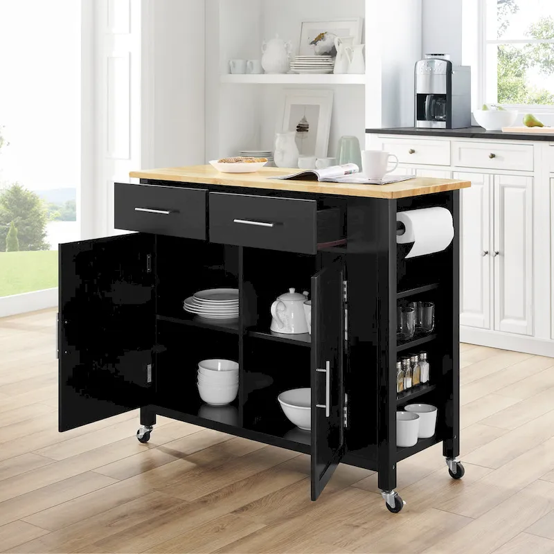 Rolling Kitchen Island Cart with Wood Countertop and Storage
