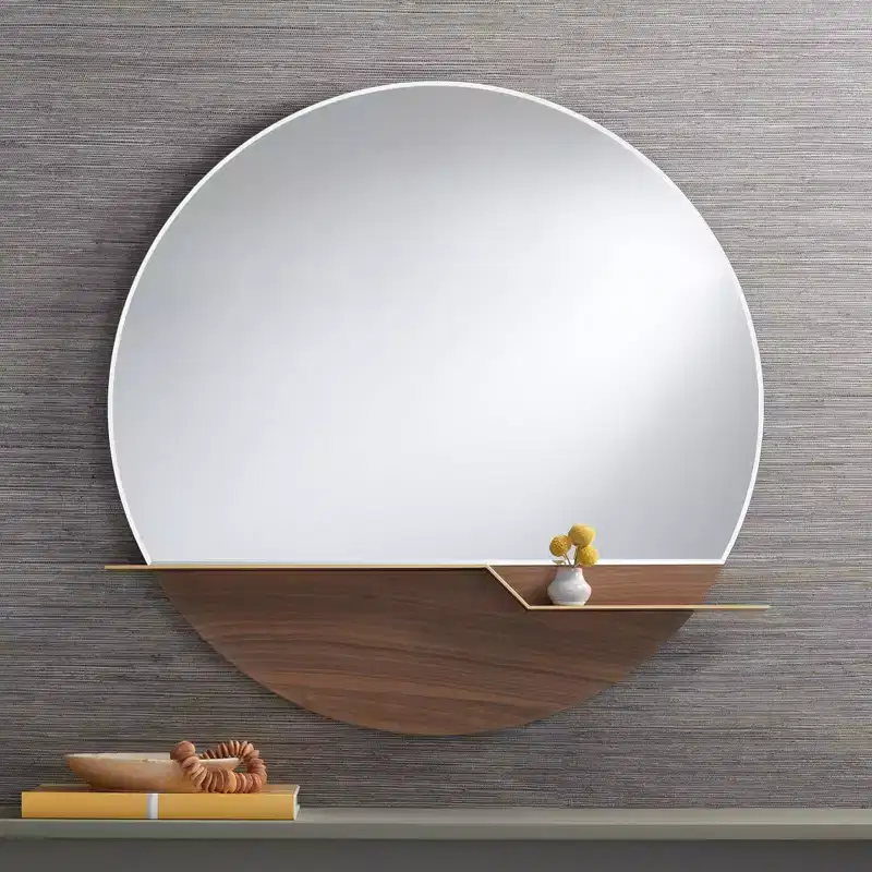 Possini Euro Design Loft Round Vanity Wall Mirror with Gold Shelf Modern Beveled Glass Brown Wood Frame 31 1/2 Wide for Bathroom