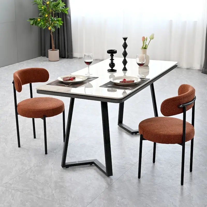 Boucle Dining Chairs Set of 2,Mid-Century Modern Curved Backrest Chair,Round Upholstered Kitchen Chairs