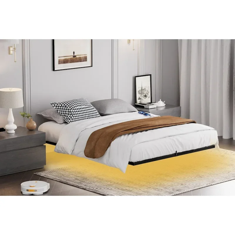 Modern Floating Bed with LED Lights, Charging Station & Metal Frame