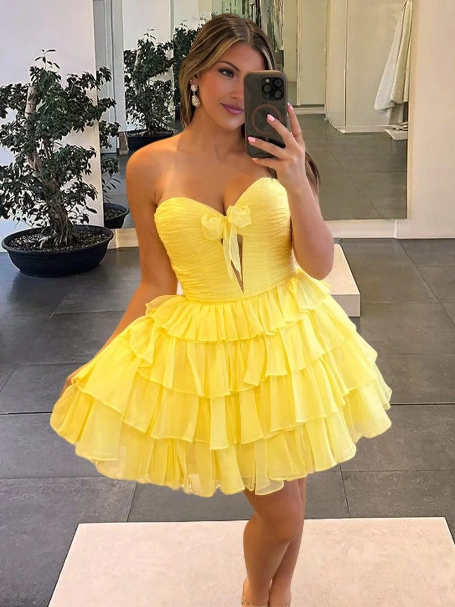 Yellow - Strapless A Line Chiffon Ruffled Cocktail Dresses With Bow