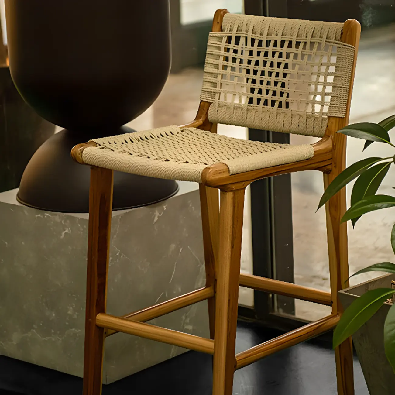 Rustic Wood Wicker Seat Counter Bar Stools with Back