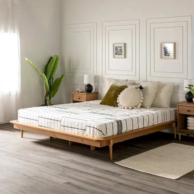 Caramel / Walnut / White / Light Oak Solid Pine King Platform Bed with Tapered Legs – 1-Person