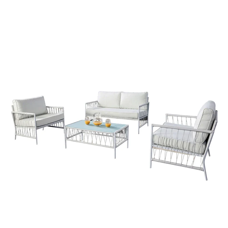 Hema 4 Piece Patio Set with 2 Chairs, Table, and Sofa, White Fabric, Metal