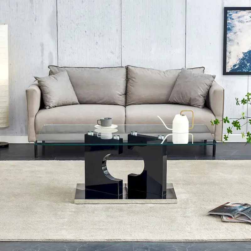 47.2 Modern Rectangular Coffee Table with Tempered Glass Tabletop and MDF Legs