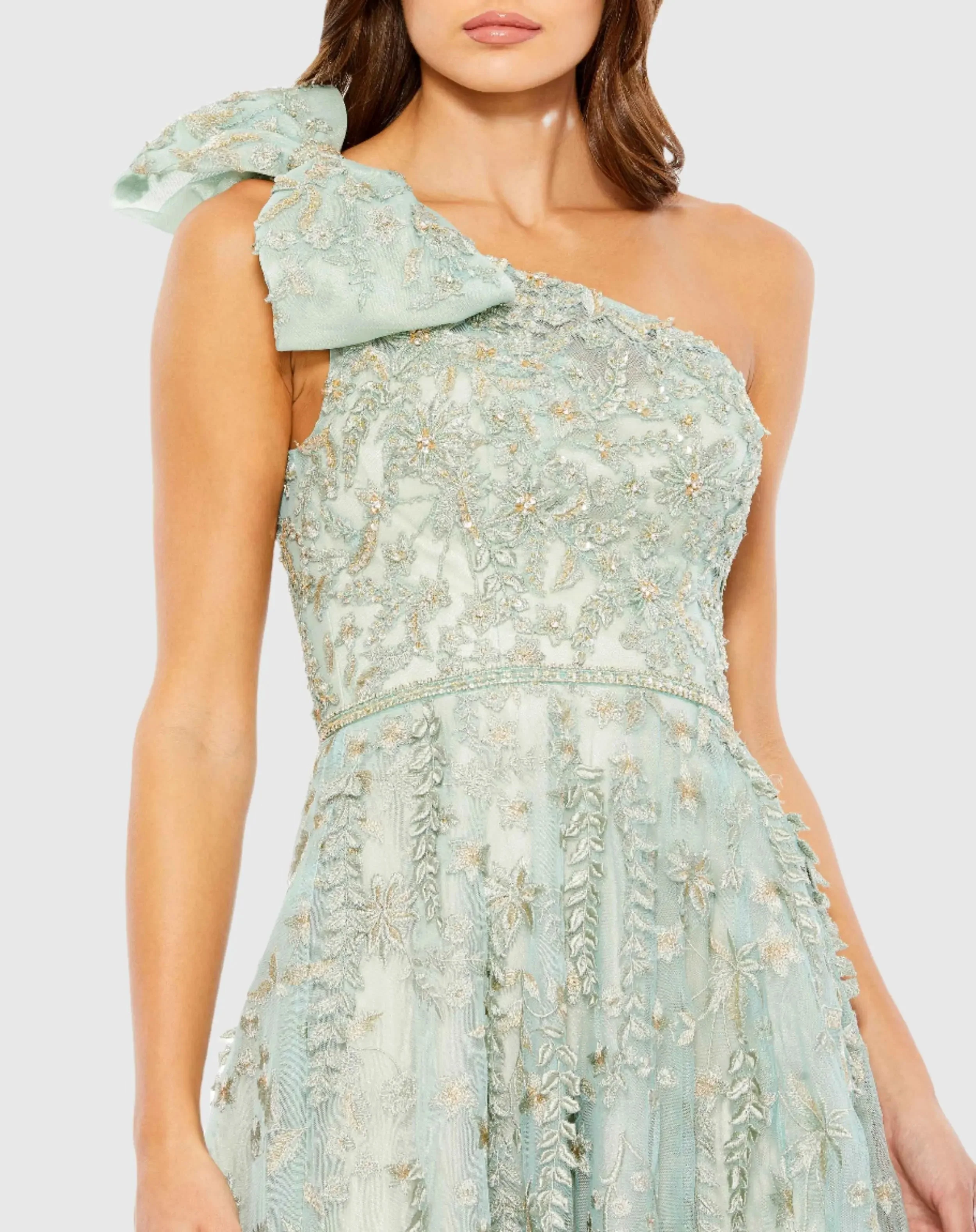 Green Embellished Bow One Shoulder A Line Gown