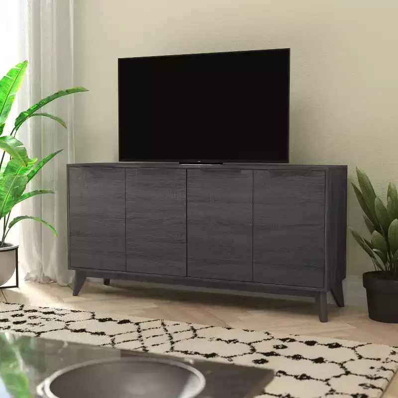 Flash Furniture Hatfield Mid-Century Modern 4 Door Storage Buffet Sideboard, 4 Soft Close Doors, Adjustable Shelves, TV Stand for up to 64 TV's