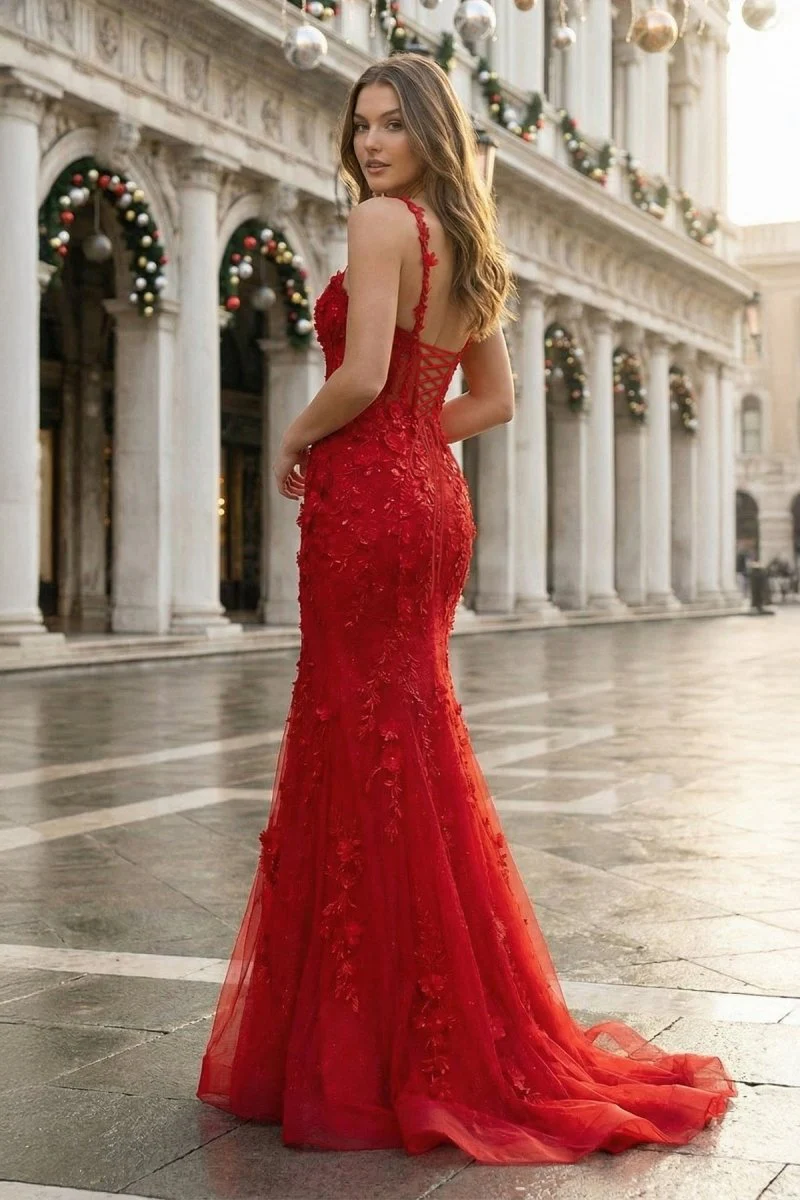 Red Mermaid Halter Lace Mermaid Long Prom Dress