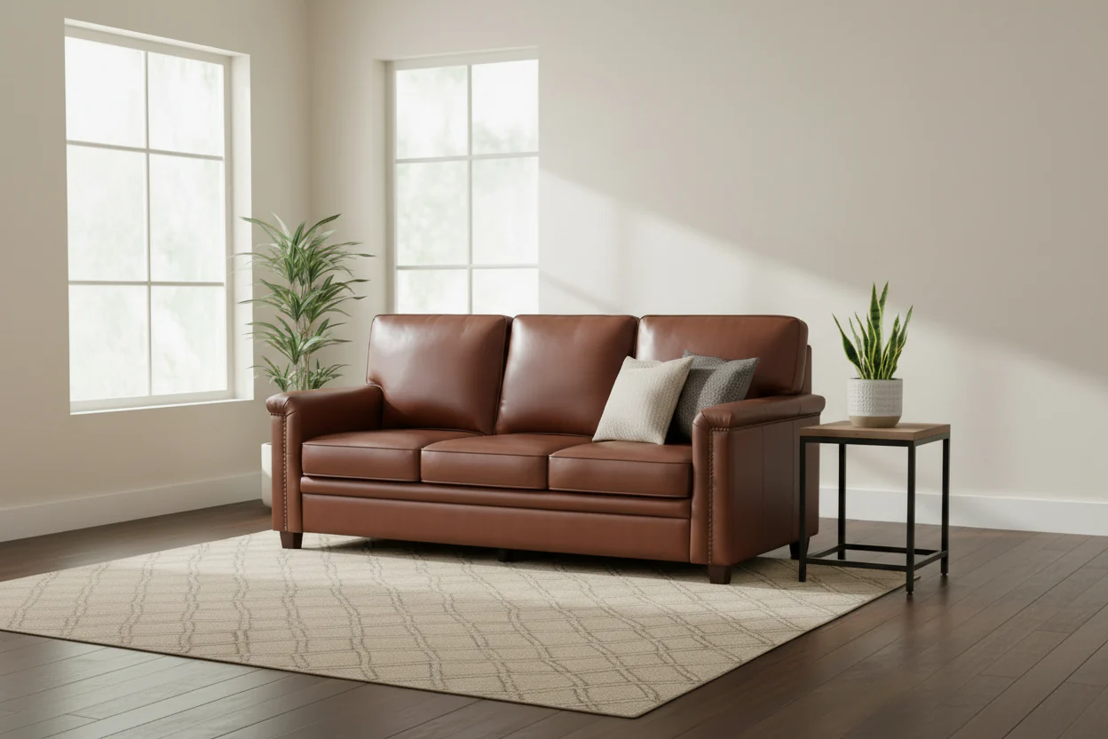 Living Room 3-Seat Genuine Leather Sofa with Solid Wood Legs and Nailhead Trim