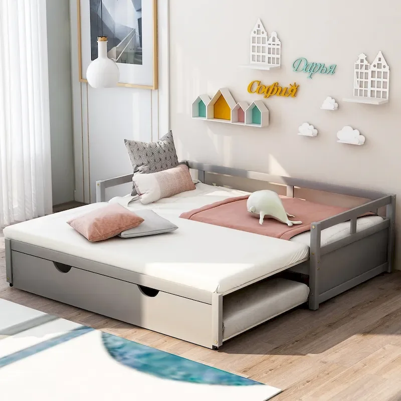Espresso / Grey / White Solid Pine Wood Daybed with Pull-Out Trundle, Twin to King Expandable, 1-2 Person