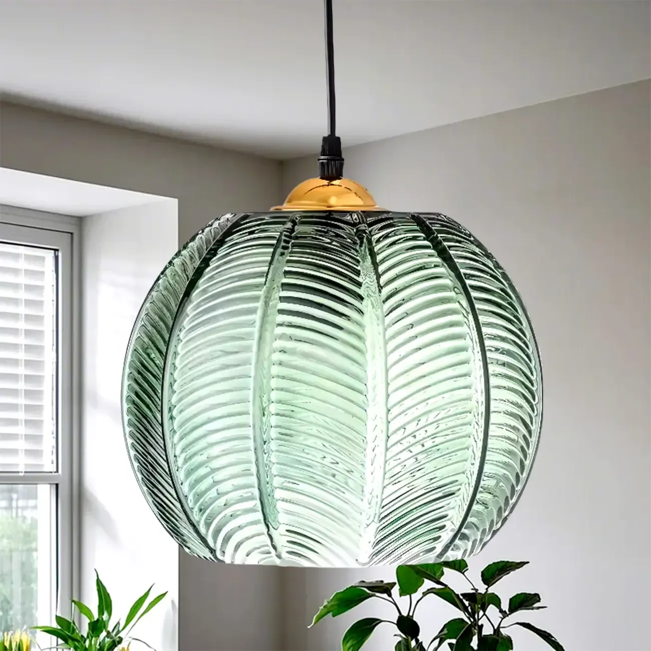 Modern Green Glass Leaf-Inspired Globe Pendant Light