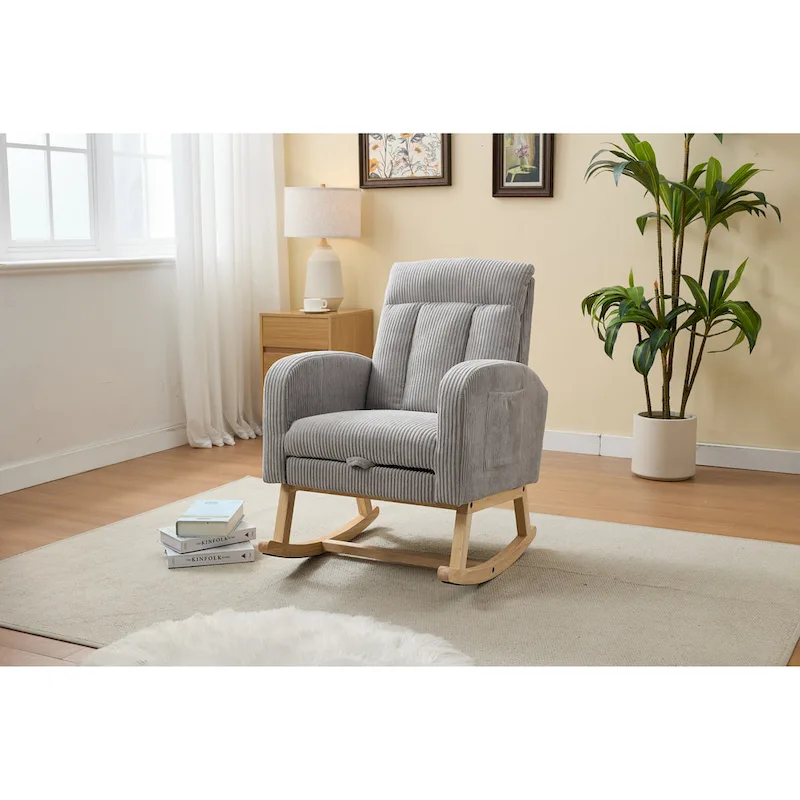 Accent Rocking Chair with Solid Wood Legs, Upholstered Nursery Glider Rocker, Comfy Armchair with Side Pocket