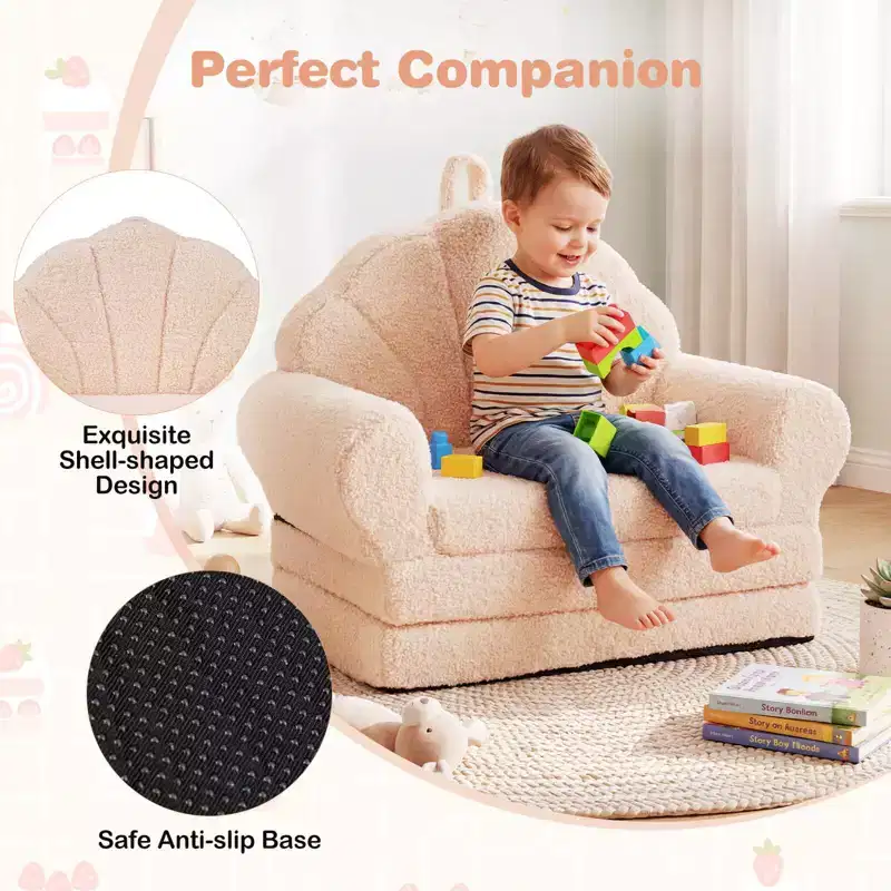 Costway Fold-out Kids Sofa 2-in-1 Convertible Toddler Couch & Lounger with Non-slip Base Beige/Green/Pink