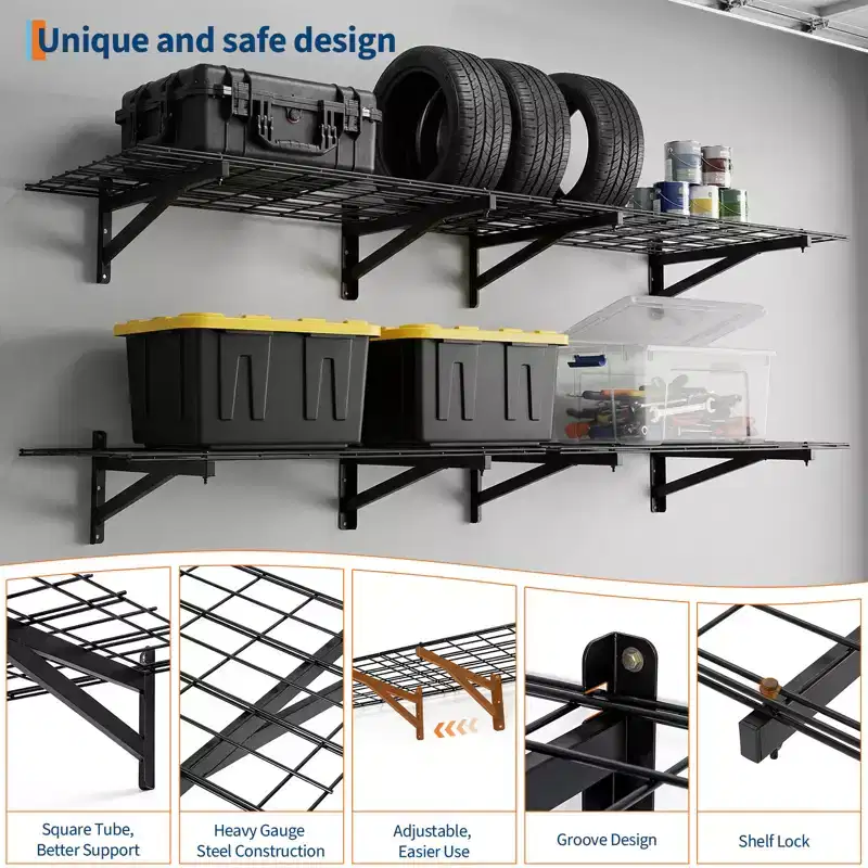 4 Pack Heavy Duty Garage Wall Shelving, 2x3ft Wall Mounted Storage Shelves, 1400 LBS Capacity Floating Shelves, for Garage, Shop, Shed, Black
