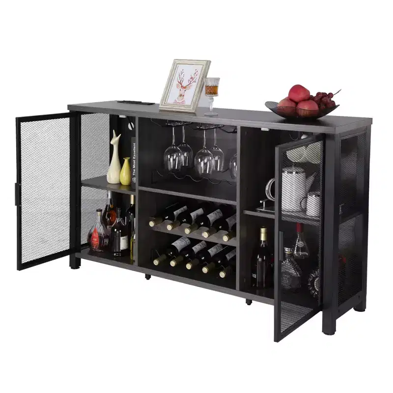 VEVOR 55 Inch Industrial Bar Cabinet, Wine Table for Liquor & Glasses, Sideboard Buffet Cabinet with Wine Rack, Black